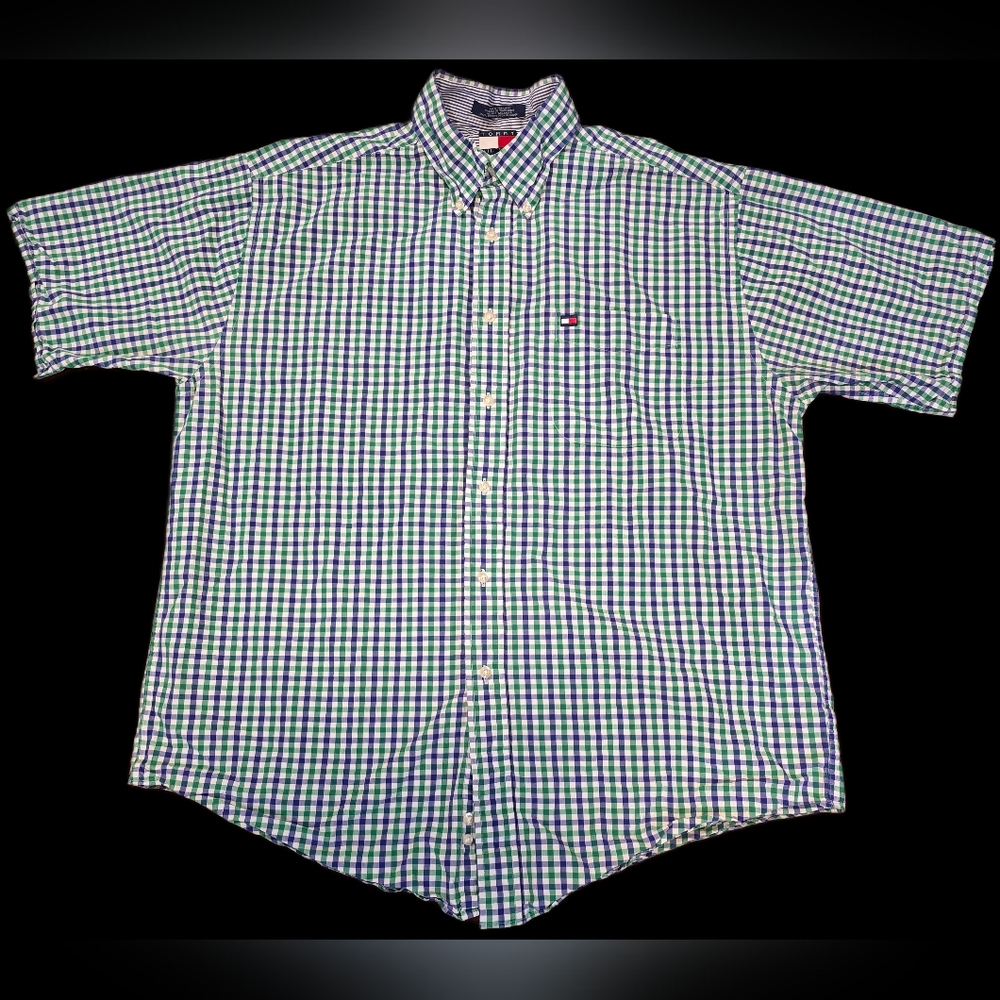 Tommy Hilfiger Men's L, Short-sleeve Button-down Shirt w/ Blue&Green Plaid